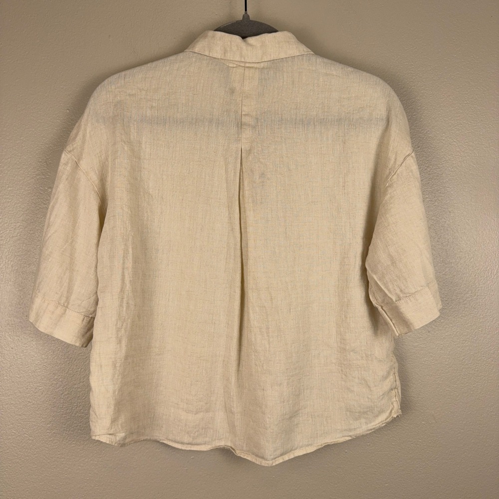 HM Oversized Linen Shirt Womens XS Beige Short Sleeve Button Front Coastal - Picture 2 of 9